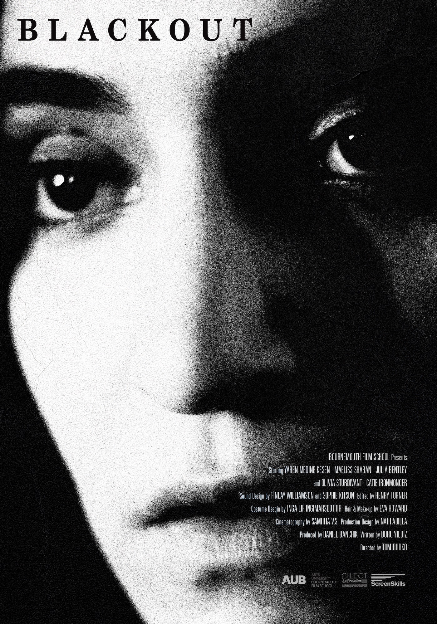A close-up of a woman’s face in monochrome, focusing on her eyes, nose, and mouth. The image features stark contrasts and shadows, with the title "BLACKOUT" positioned at the top. The background is abstract and dark, enhancing the dramatic effect.
