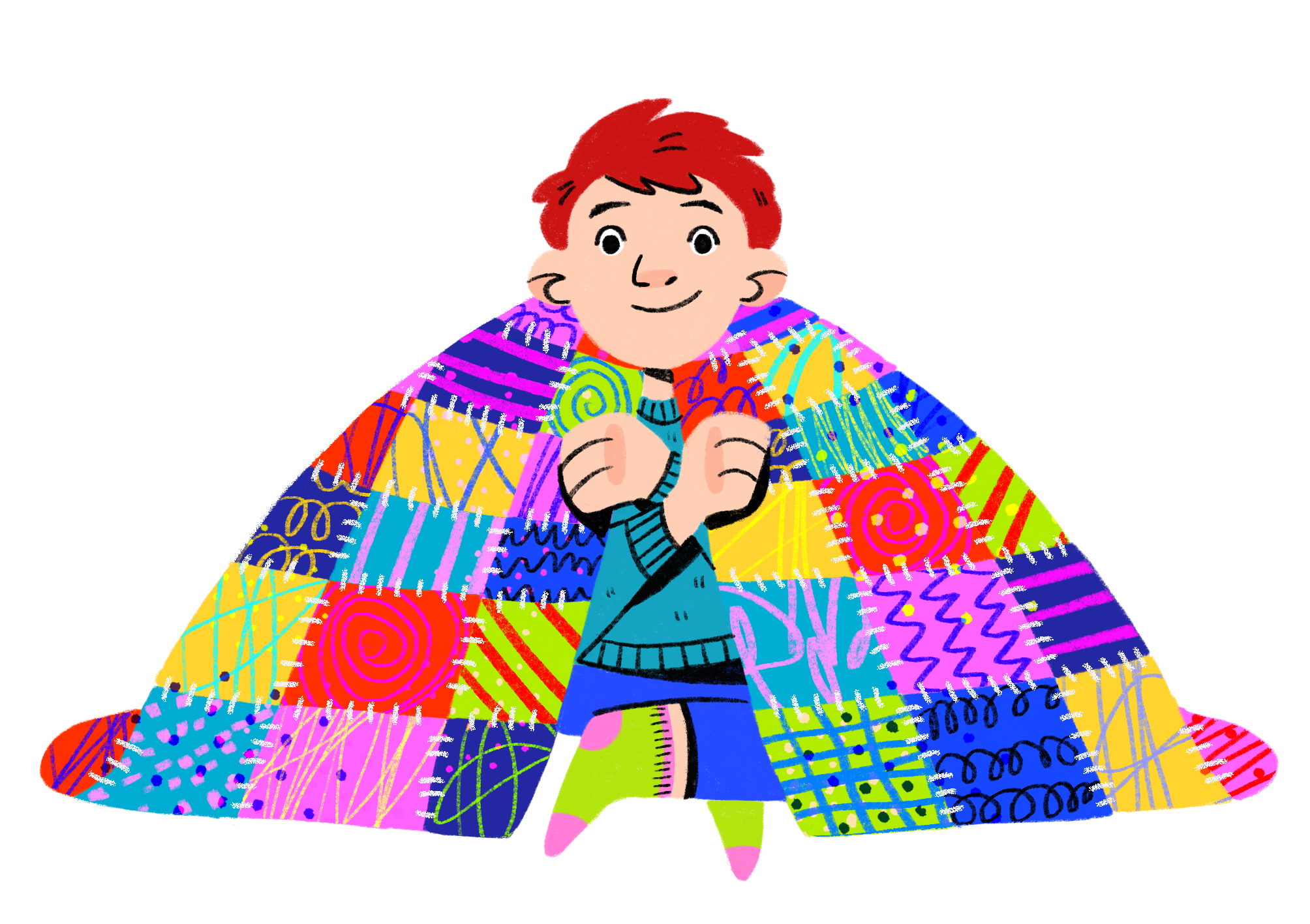 Illustration of a boy smiling while huddled under a large colourful patchwork blanket