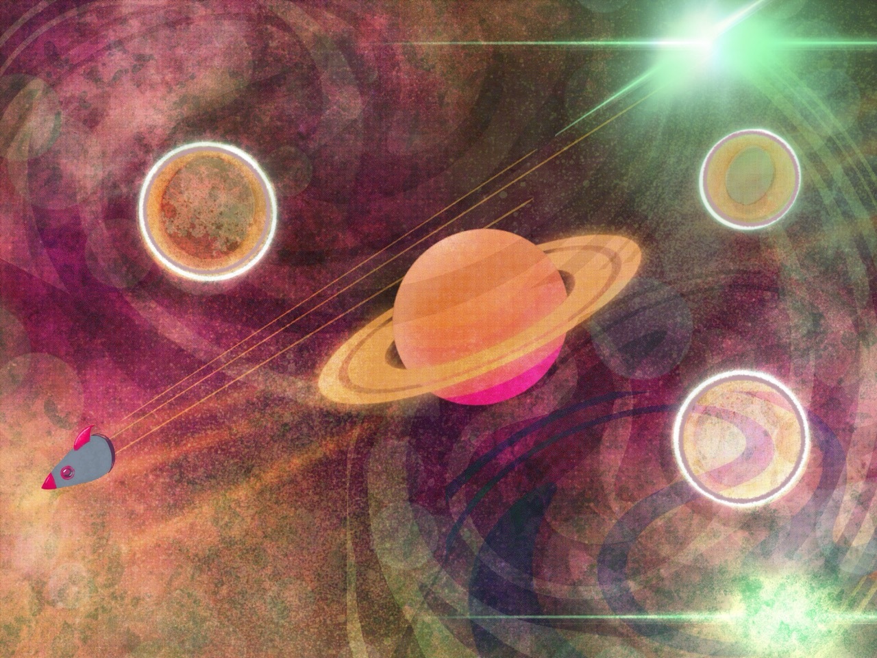 Colourful illustration of a rocket flying past Saturn and other colourful galaxies, dark purple/orange/green.