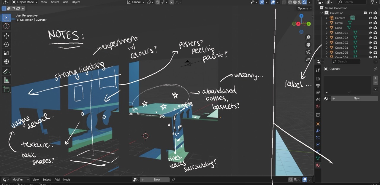 Digital art software interface showing blue and teal geometric shapes with white handwritten notes and arrows on dark grey canvas.