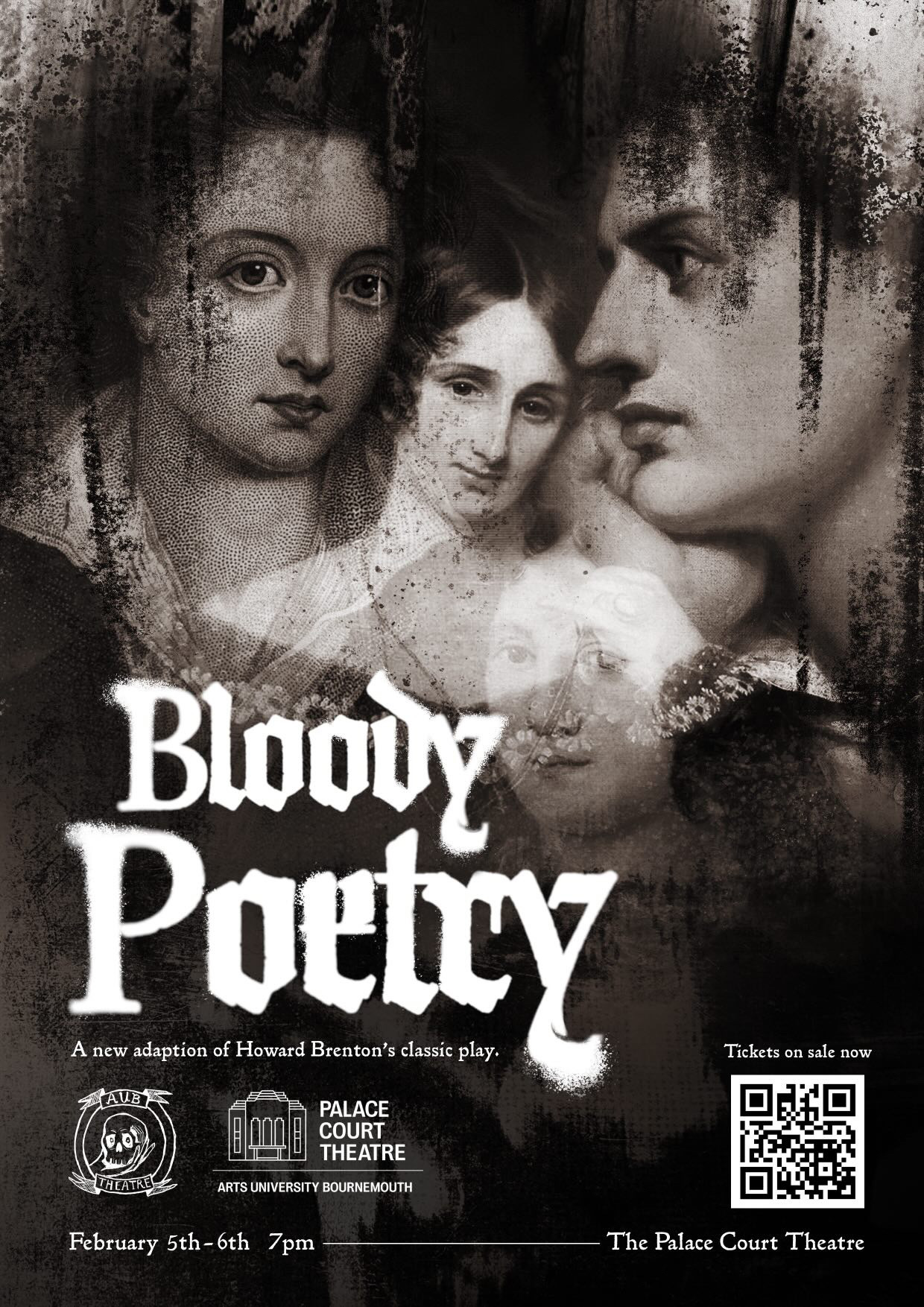 Theatre poster with sepia-toned portrait composition of three overlapping faces against weathered texture. White Gothic lettering reads "Bloody Poetry" with show details below.