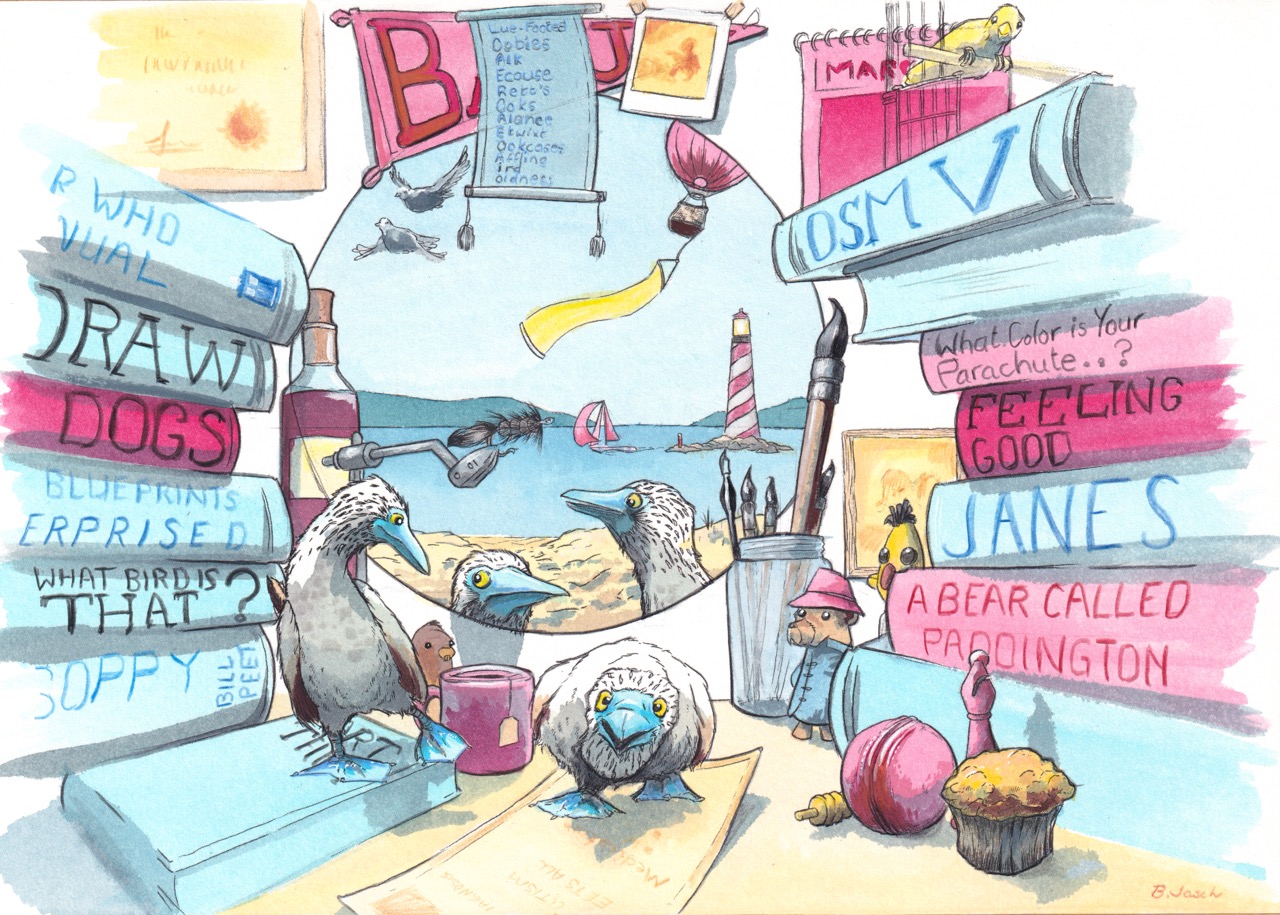 A colourful hand-drawn illustration of several birds and a bear-like figure surrounded by stacked books and floating placards, with a beach and lighthouse in the background.