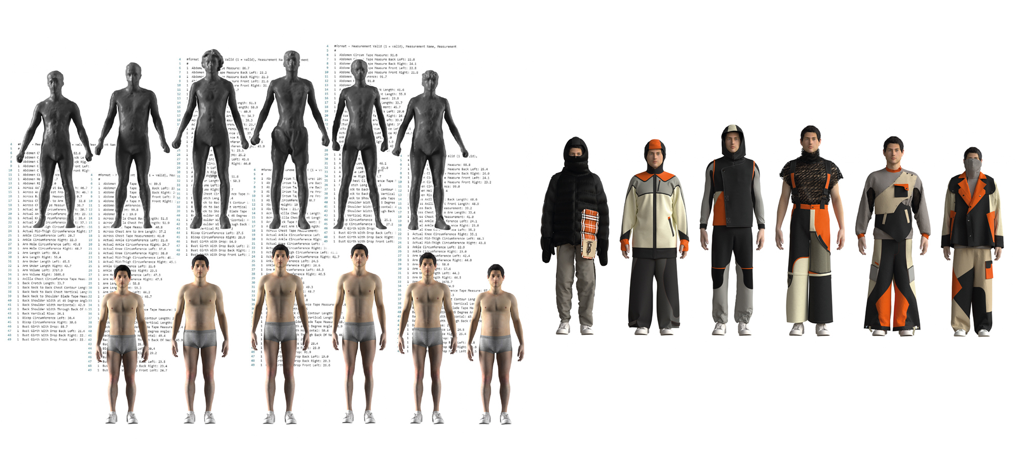Computer-generated image displaying three rows of several human figures in different clothing items.