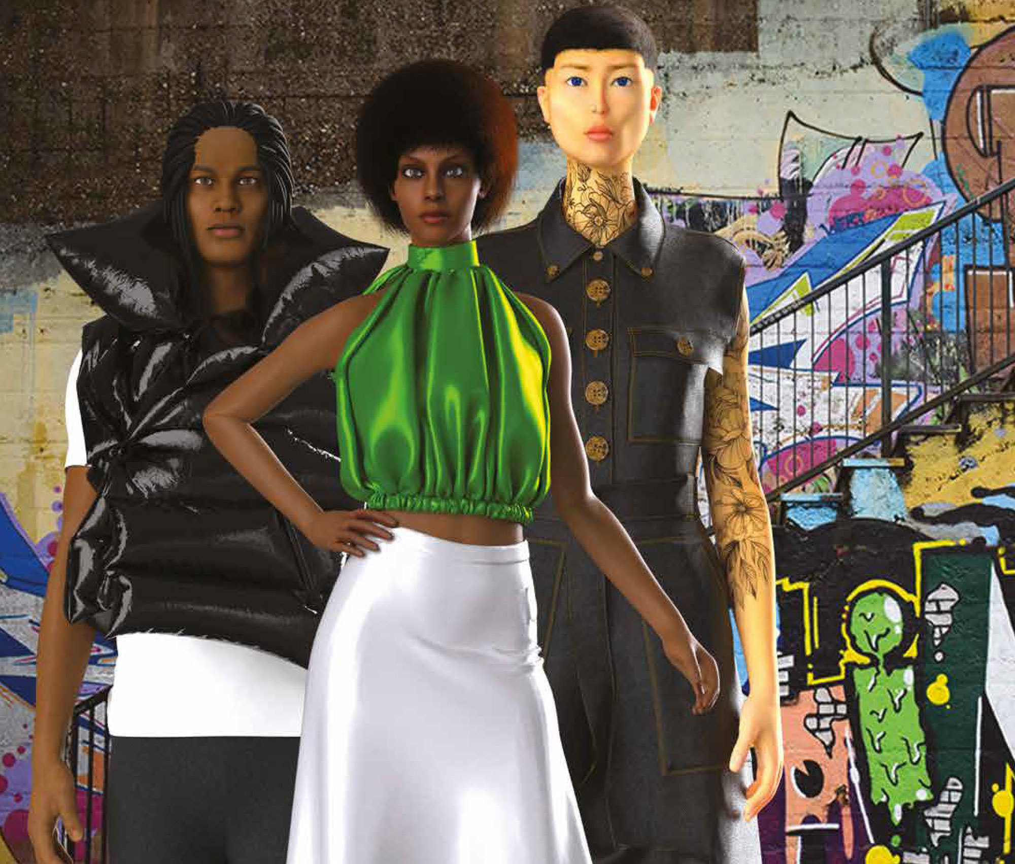 Computer generated image of three people with a wall with graffiti on it in the background.