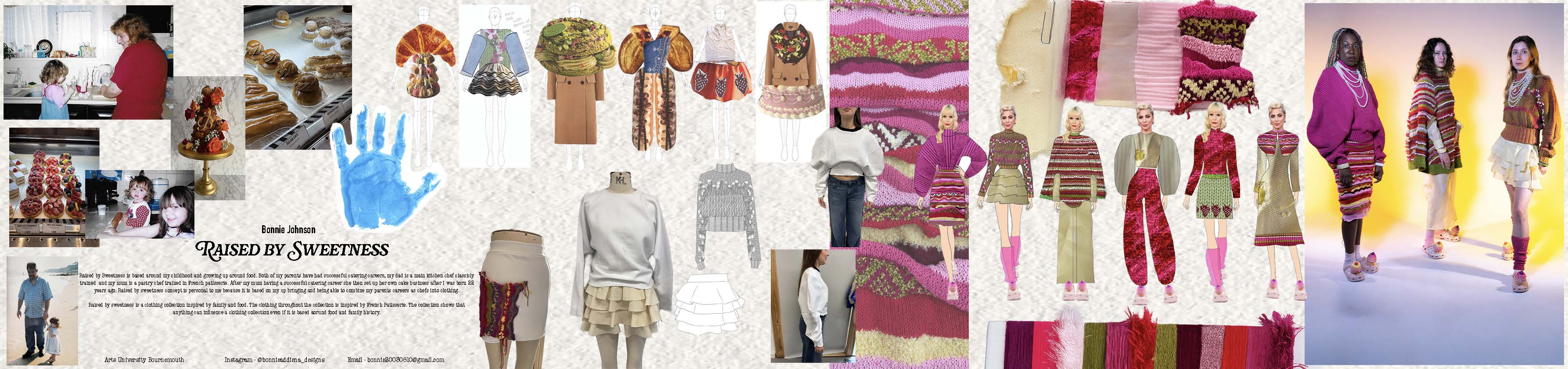 A collage featuring a variety of fashion designs, including garments, accessories, and sketches. The left side shows images of models and fabric swatches, while the right side presents colourful illustrations and patterns, showcasing diverse clothing styles.