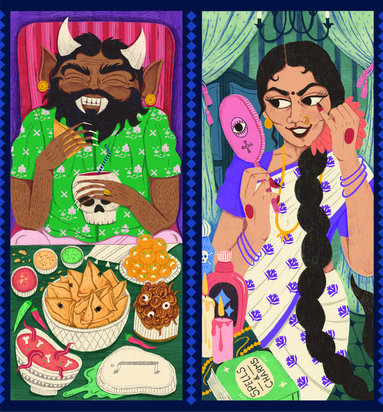 Two-panel illustration: left shows horned figure in green jumper holding skull mug with food below; right shows woman in purple sari with long plait holding mirror.