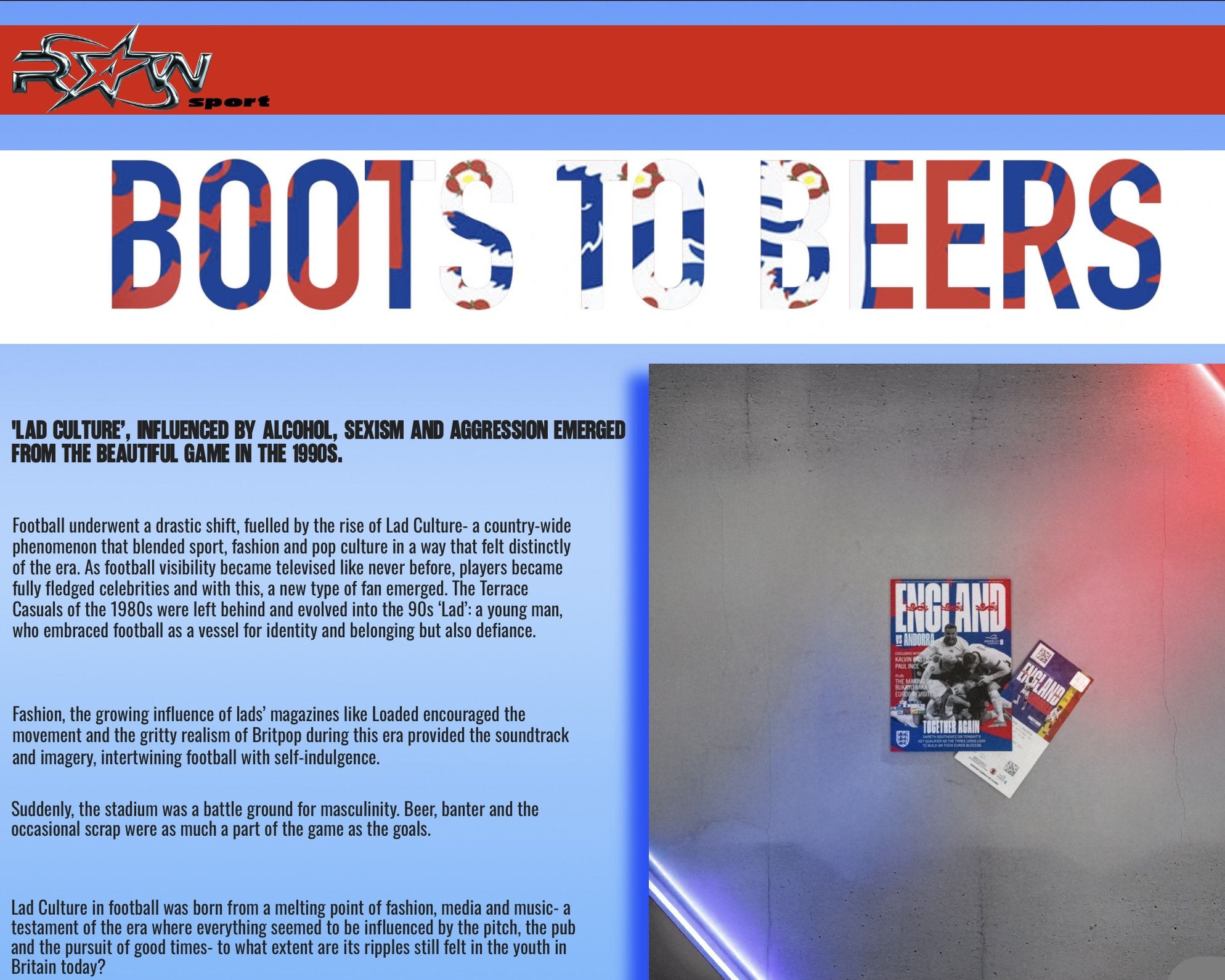Red and blue header with "BOOTS TO BEERS" text overlay. White background with black text columns and small rugby magazine cover image.