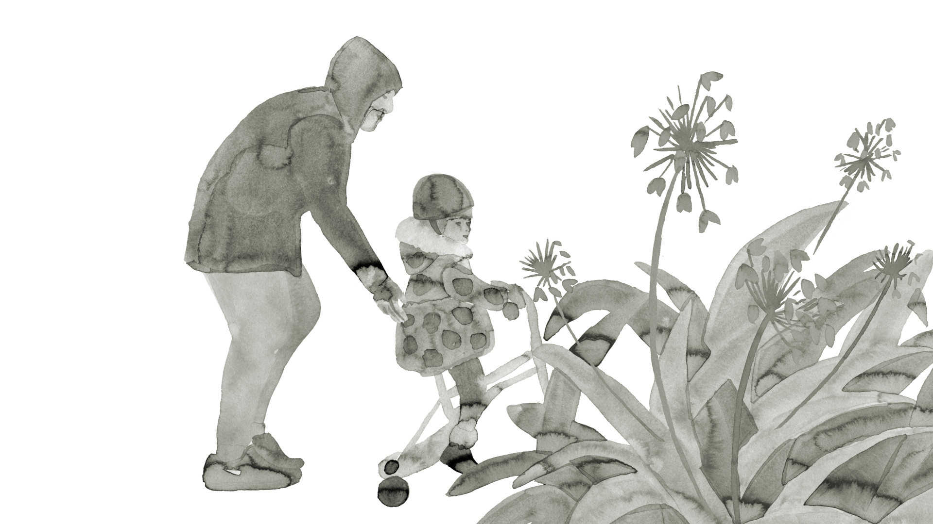 Water colour illustration of an adult and a child on a push bike behind some flowers