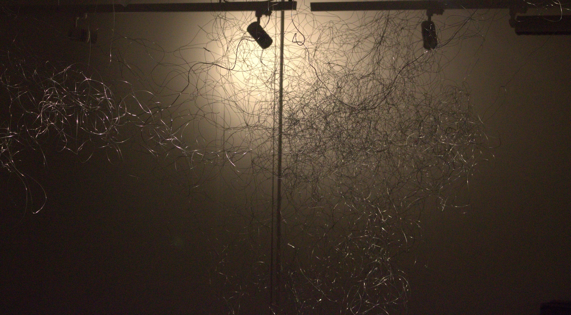 An abstract wire artwork on display in a dark room. Two spotlights shine behind it in the background.