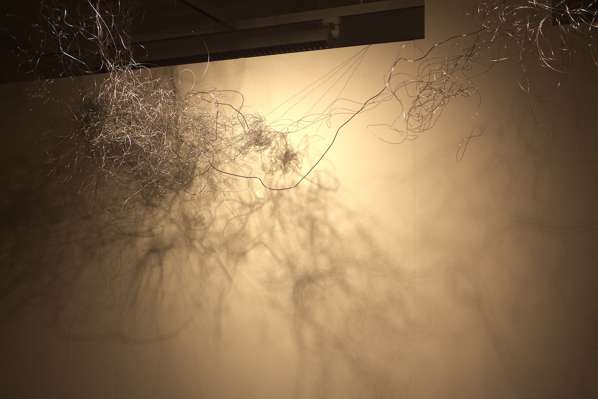 An abstract artwork made up of coils of wire, hanging from a gallery ceiling, displayed against a white spotlit wall.