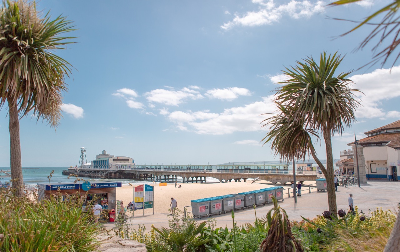 Seaside promenade with palm trees, sandy beach, pier extending into blue sea, white clouds, and colourful beach huts.