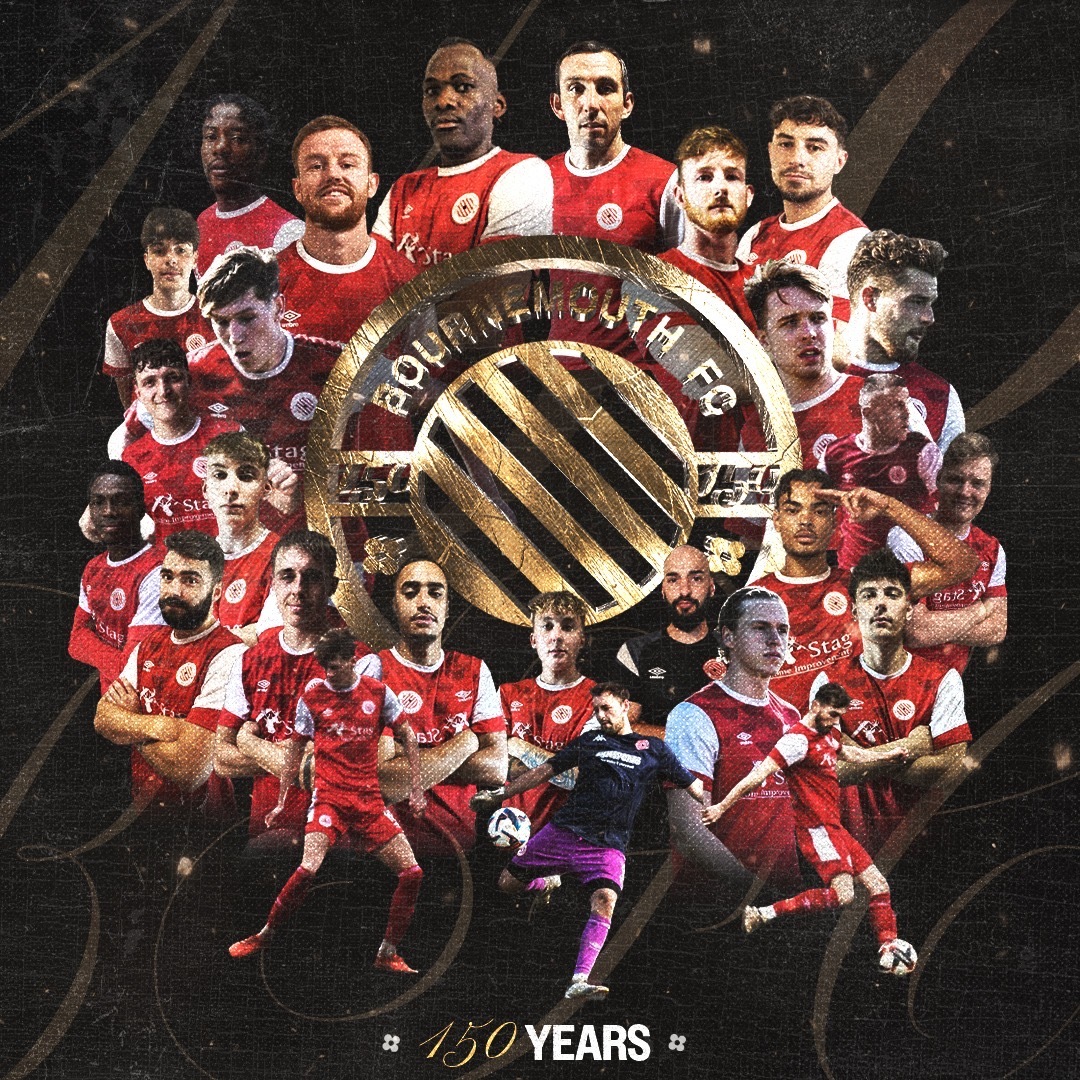 Edited poster showing Poppies FC players in red uniform around a gold badge, title at bottom reads '150 years'.