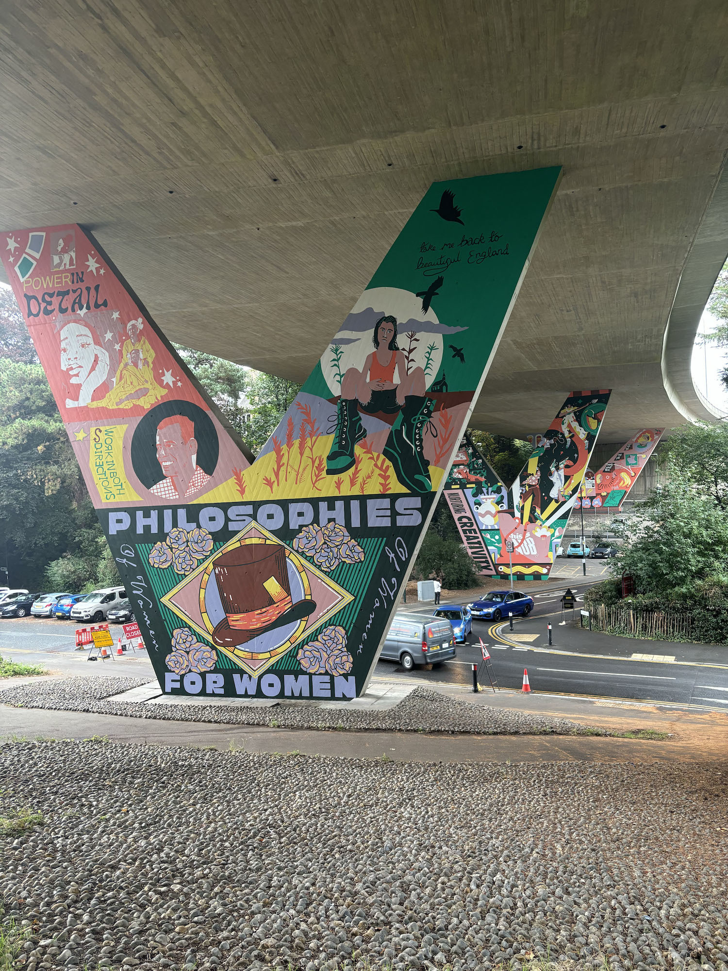 A large series of murals under Braidley Road flyover in Bournemouth.