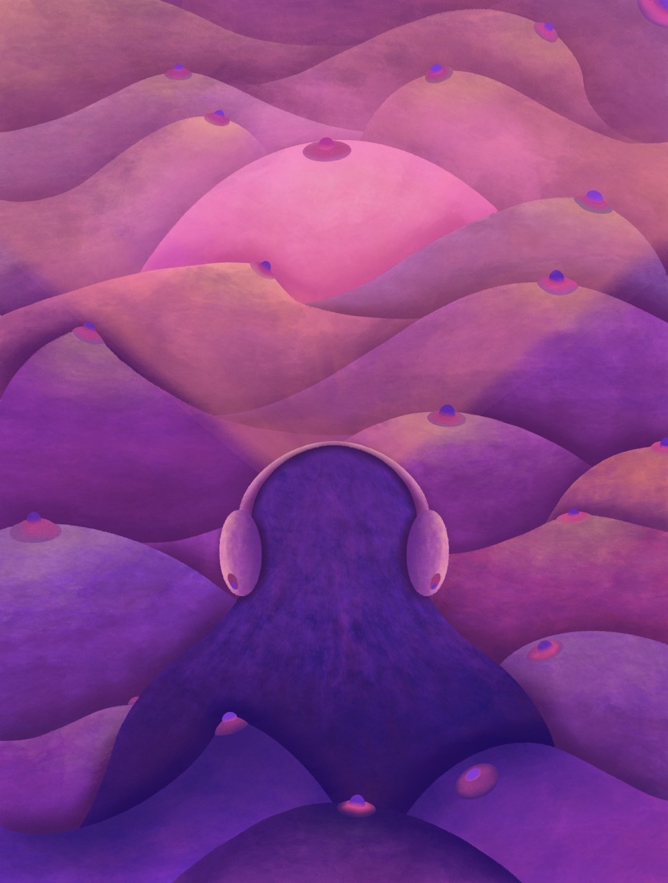 Undulating purple and pink waves with a silhouette wearing headphones.