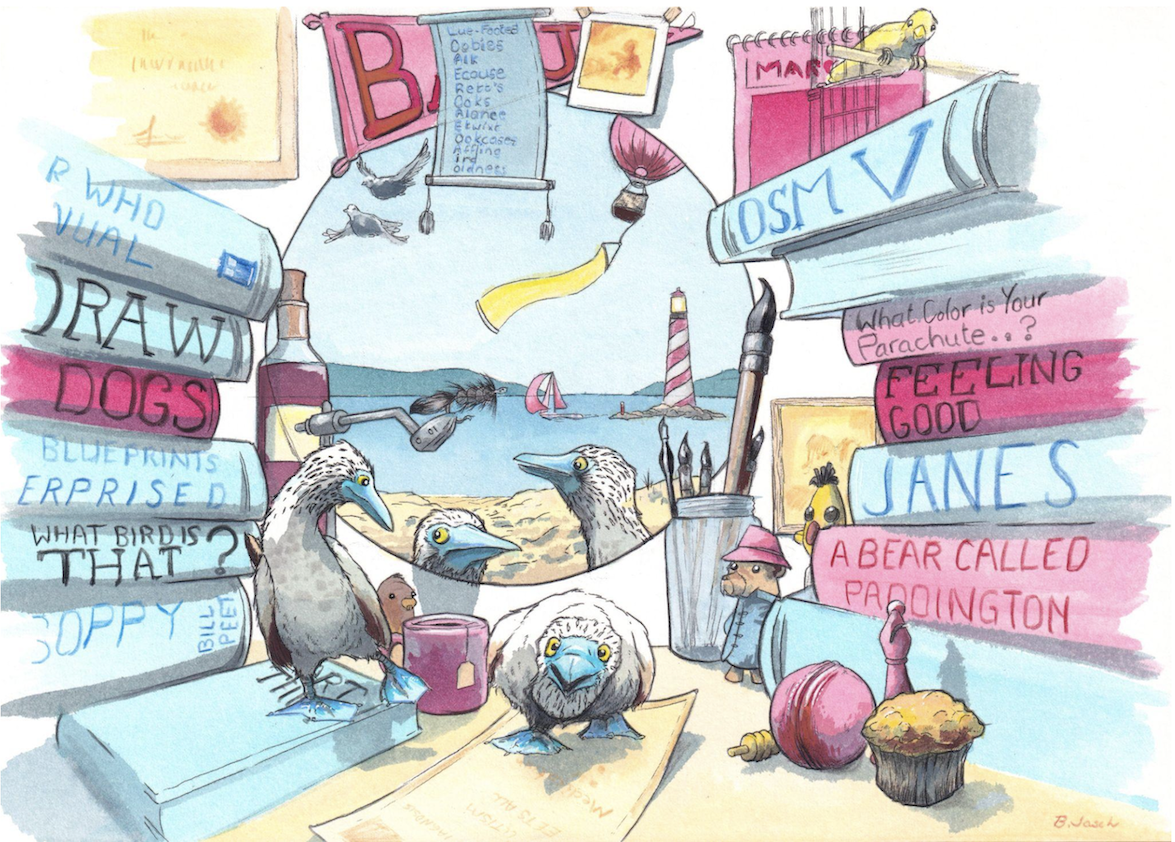 An illustrated scene featuring three birds in the foreground with a beach and lighthouse in the background. Surrounding them are various books and items, including titles about dogs, parachutes, and Paddington, creating a whimsical setting.