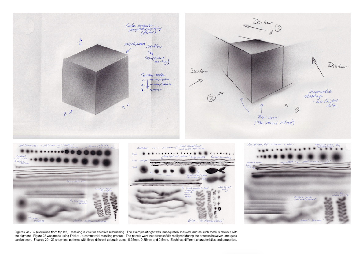 A series of sketches illustrating the concept of shading and form. The first image features a shaded cube with dimensions noted. The subsequent sections display various tests of shading techniques, including gradients and patterns, with annotations detailing different properties.