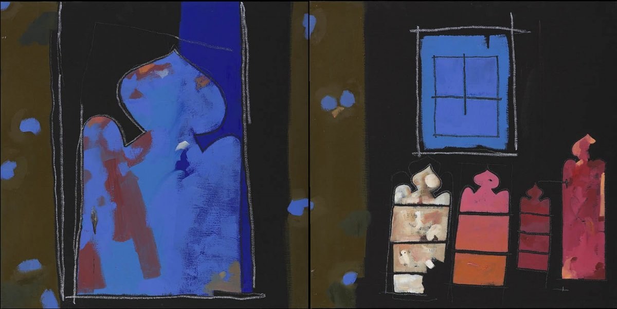 Artwork showing variations of the same abstract shape. One variation is inside a frame on the left-hand side; the others are beneath a window on the right-hand side.