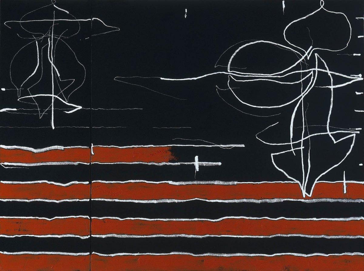 Artwork showing the outlines of abstract shapes above a series of thick horizontal lines.