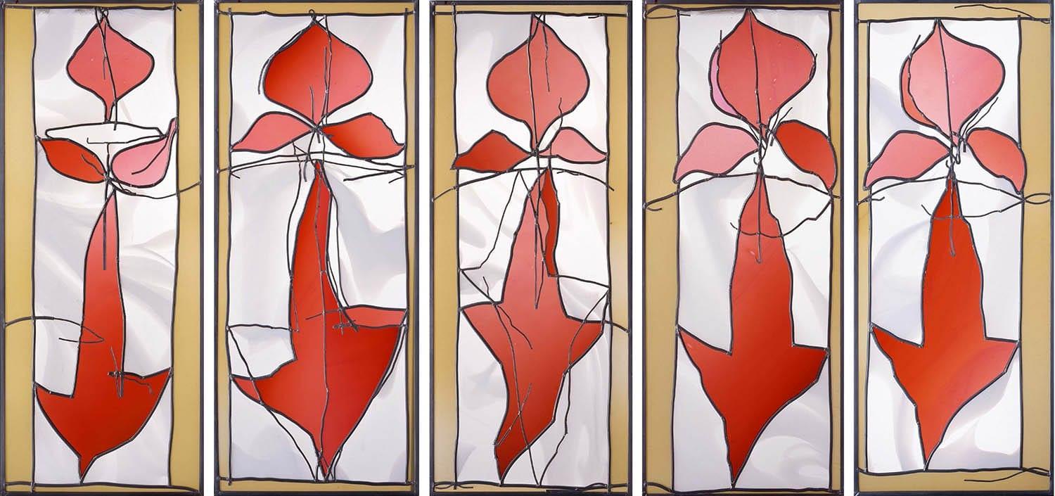 Artwork showing five panels with variations of the same artwork: three leaf-like shapes and a long arrow pointing down.