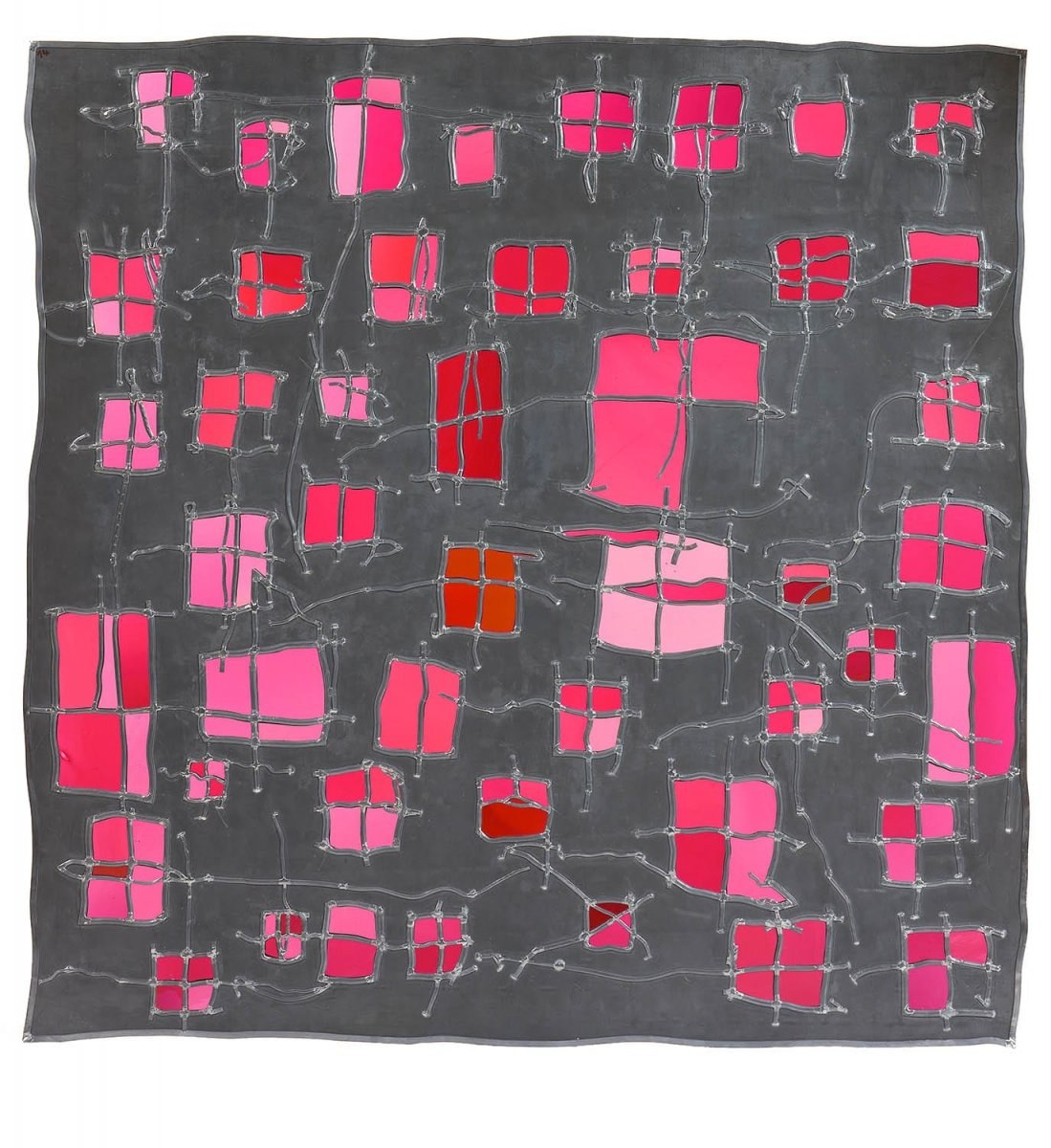 Artwork showing several windows in shades of pink and red on a grey background.