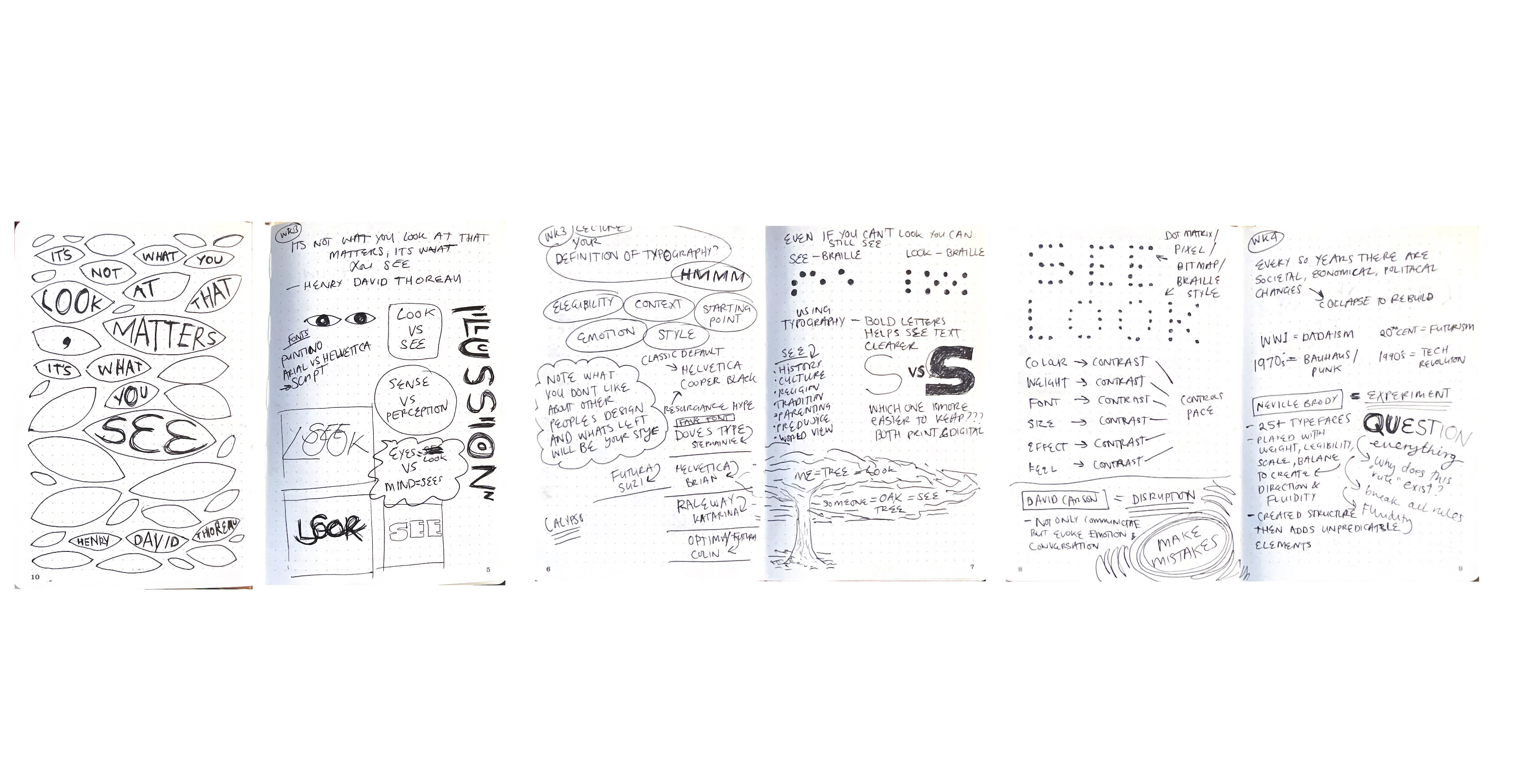 Three double-page spreads of a sketchbook showing assorted pen drawings, sketches, designs and annotations for a brand.