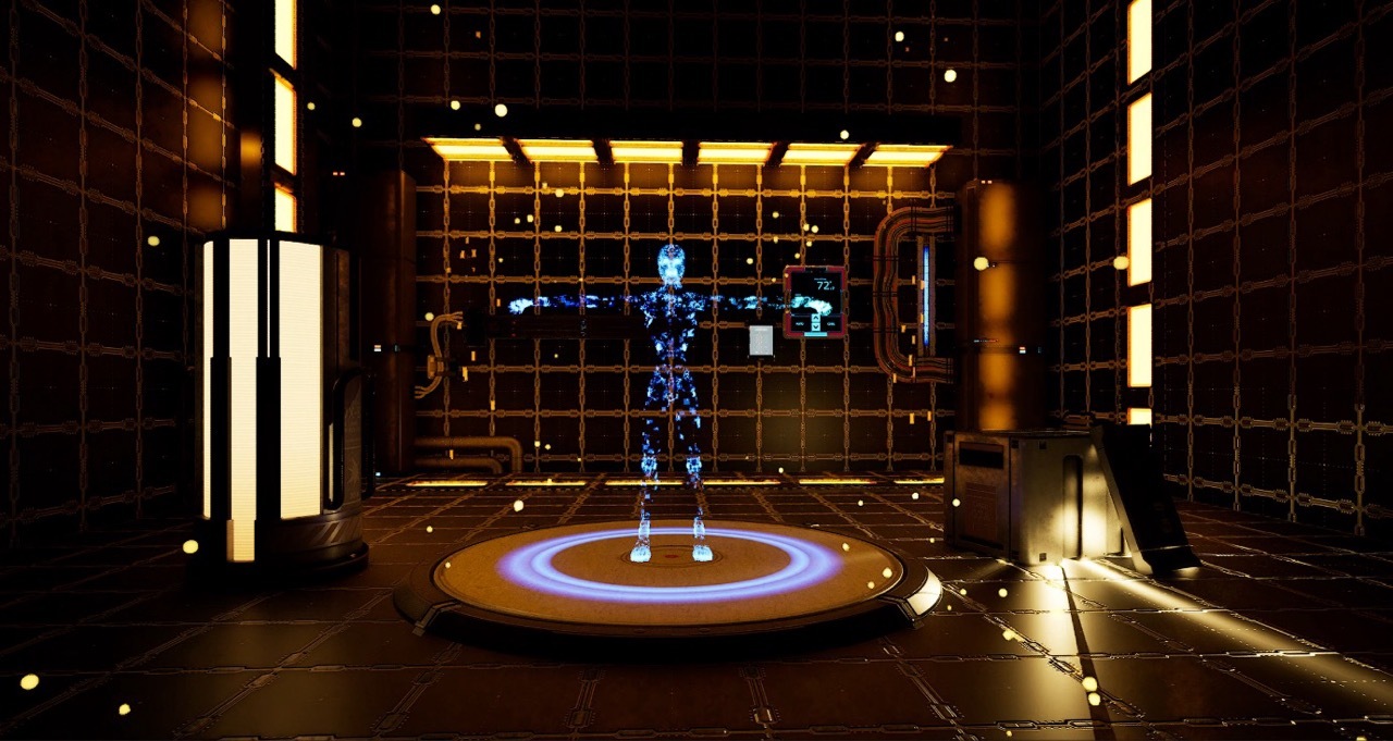 3D render of a digital blue figure in a futuristic dimly-lit orange lab.