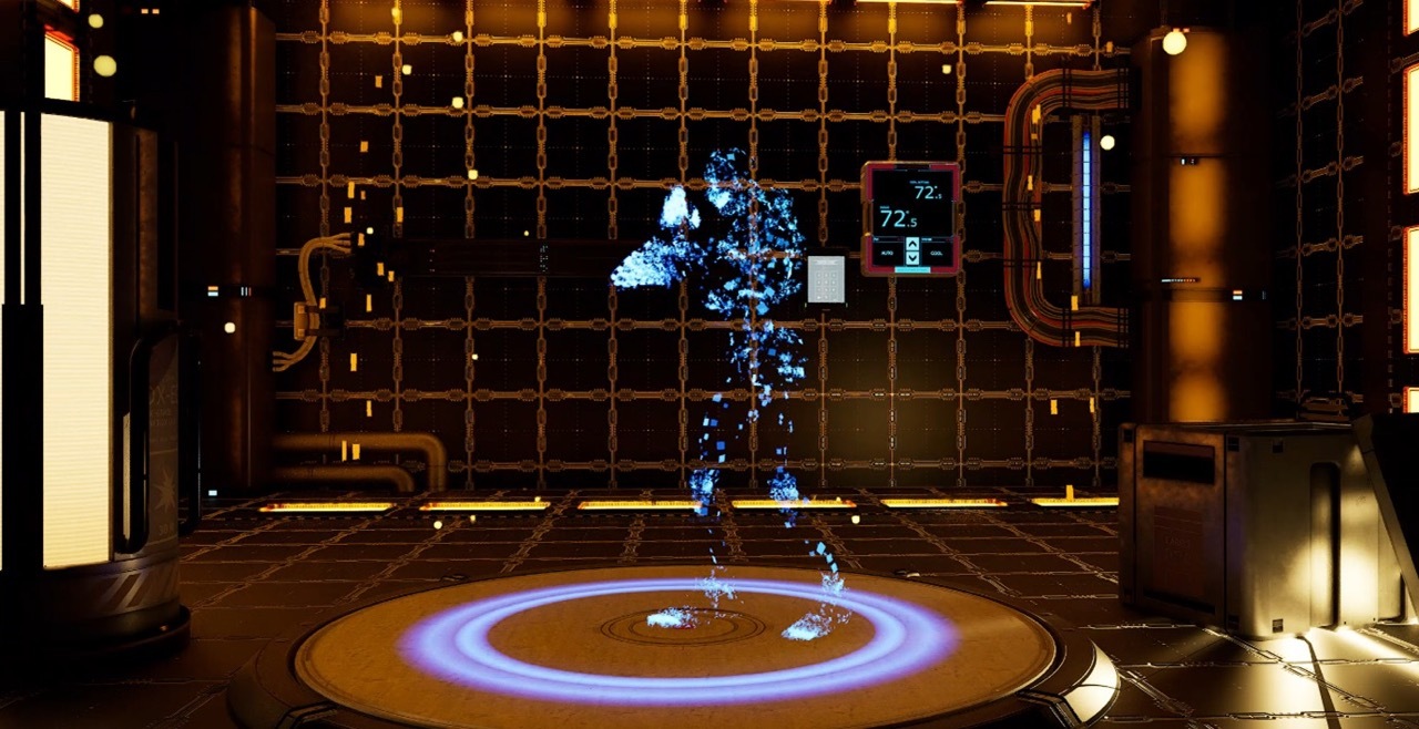 3D render of a digital blue figure in a futuristic dimly-lit orange lab.