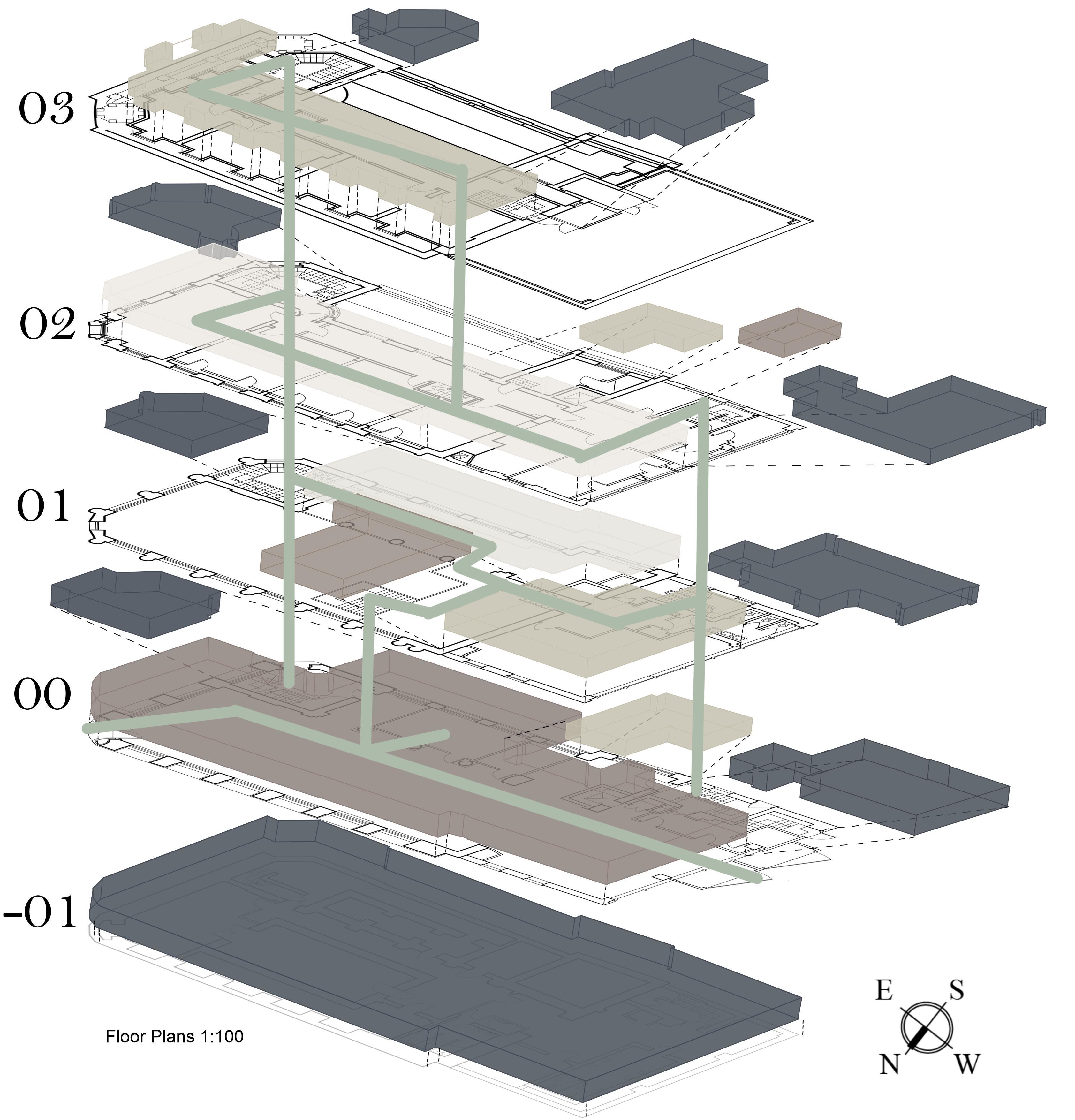 Final Portfolio project, exploded view for zoning and movement diagram on existing floor plans, white background.