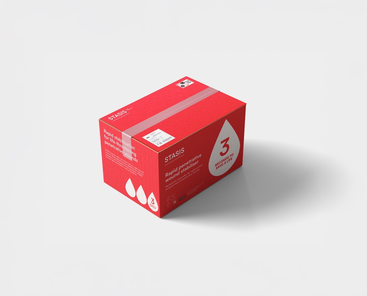 Red box with a white drop design, taped at the top, white background.