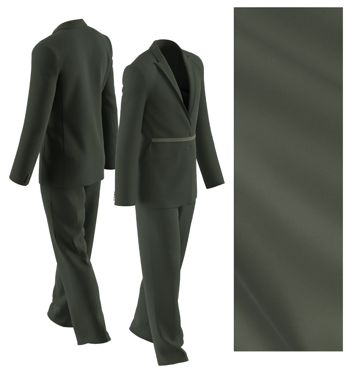 A 3D fabric sample and tailored suit shown from the back and front.