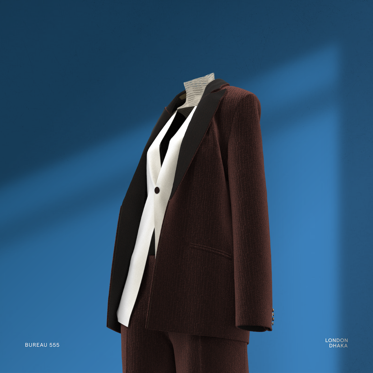 A 3D digital tailored suit on a blue background.