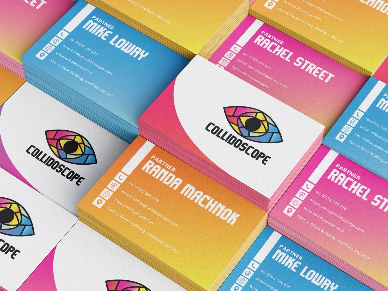 Colourful business cards scattered at angles featuring geometric eye logo. Cards in blue, pink, orange, and white with "COLLIDESCOPE" branding.