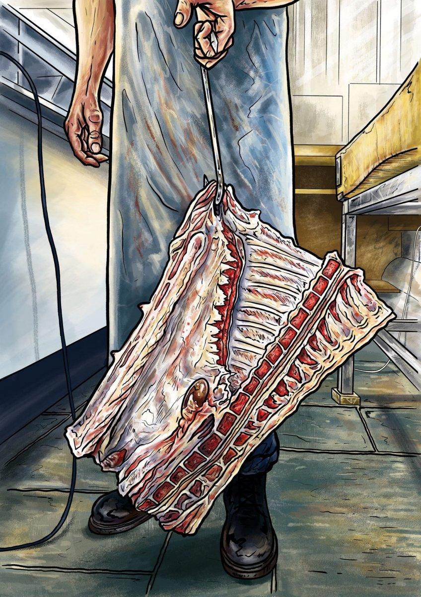 Illustration of a butcher holding meat by a hook