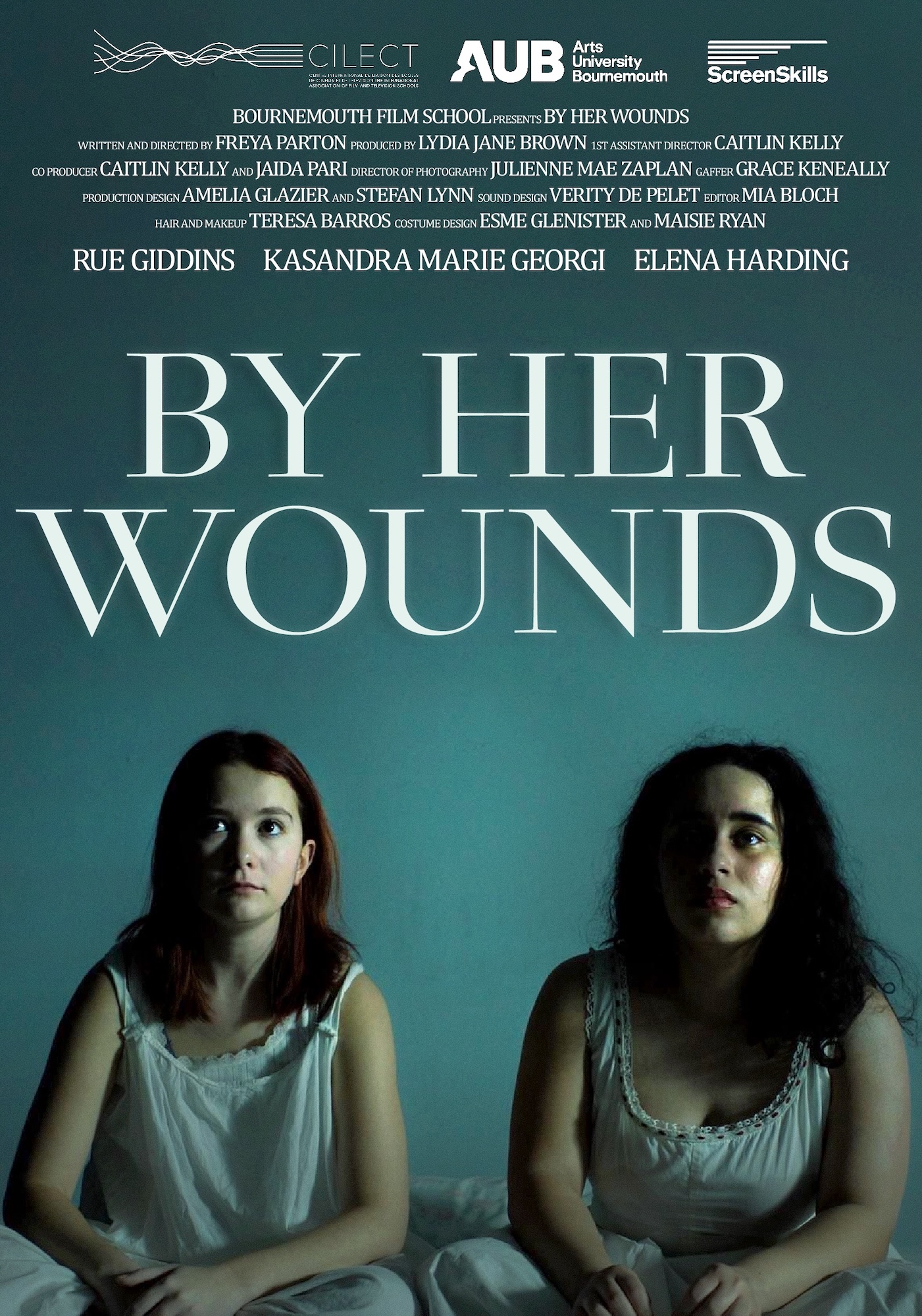 A promotional poster for the film "By Her Wounds," featuring two women in white clothing seated against a dark background. Text includes the film's title, production information, and names of key contributors and cast members.