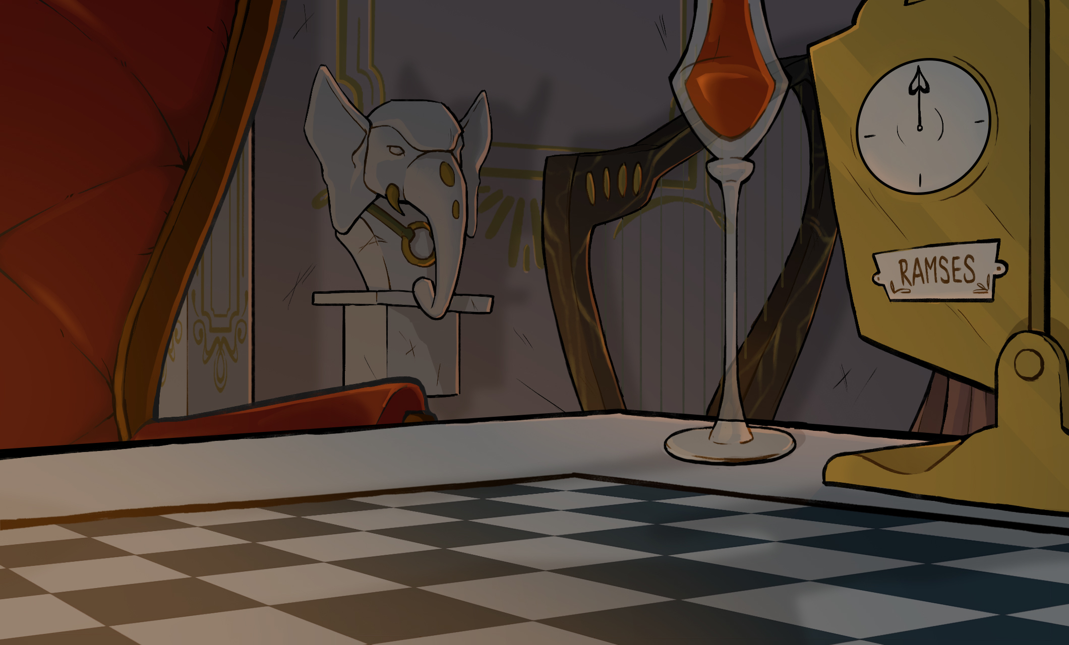 An empty chessboard with part of a gold chess timer, a wine glass, and a large red armchair. A statue of an elephant and a harp are visible in the background.
