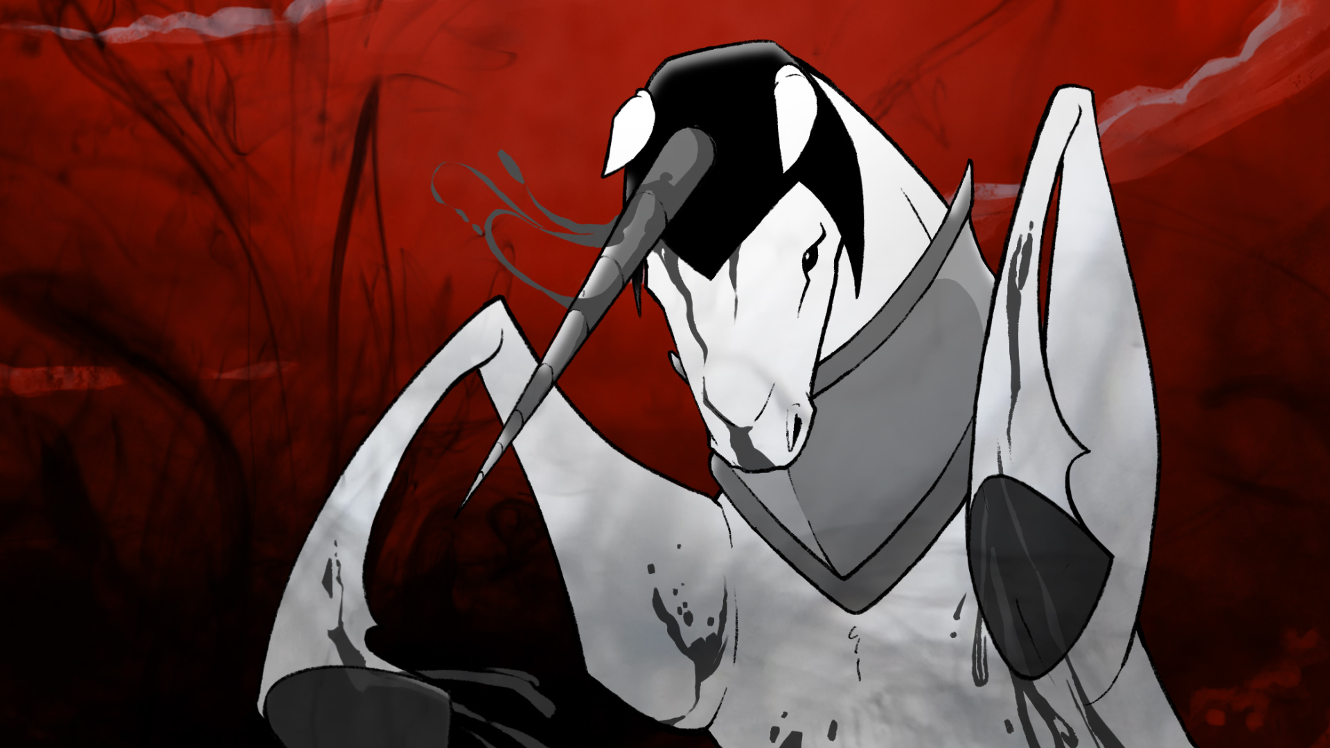 Animated still of a white horse lifting its forelegs, a spike is attached to its head.
