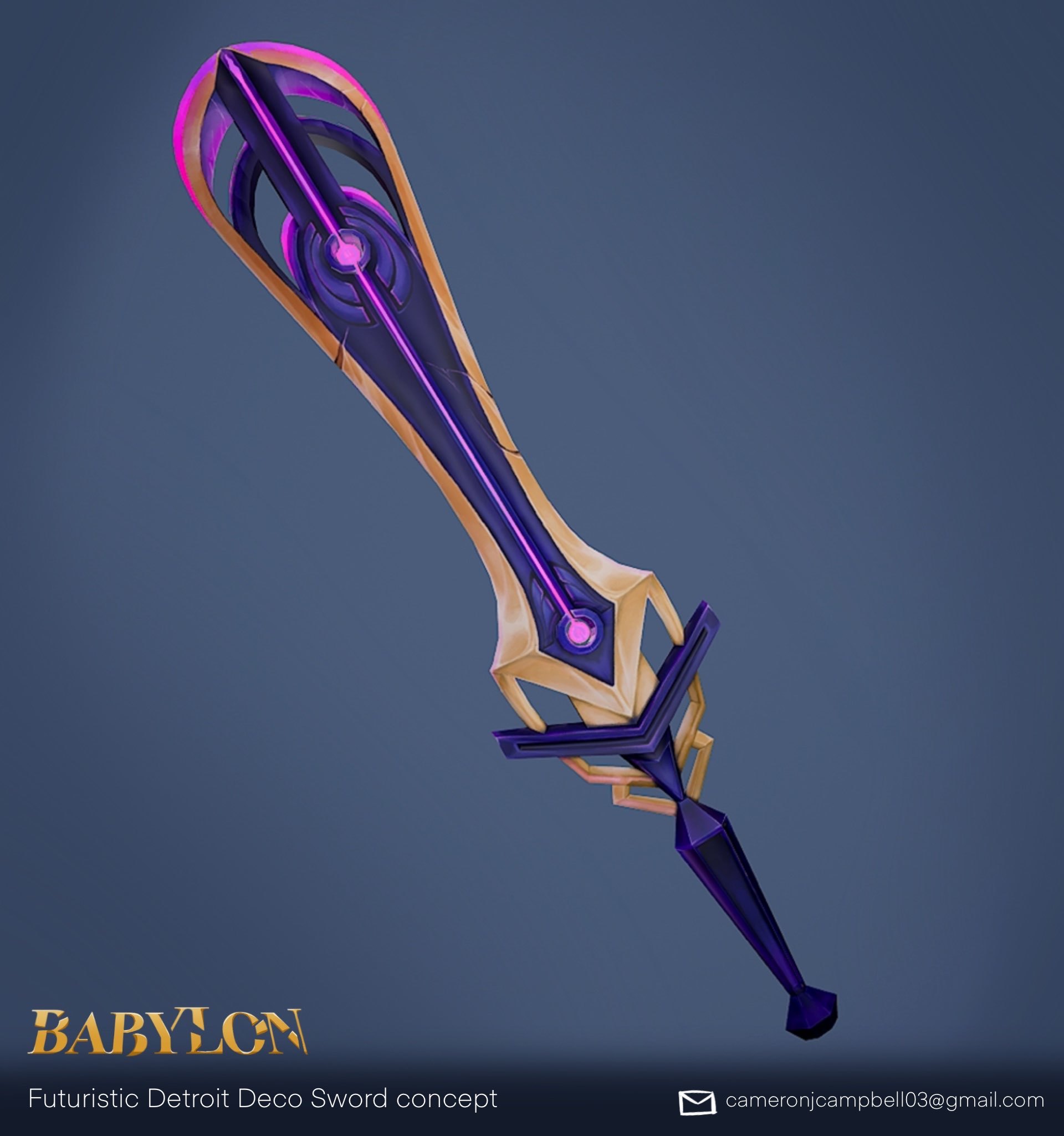 Computer-generated futuristic-style sword. The word "Babylon" is visible in the bottom-right corner.