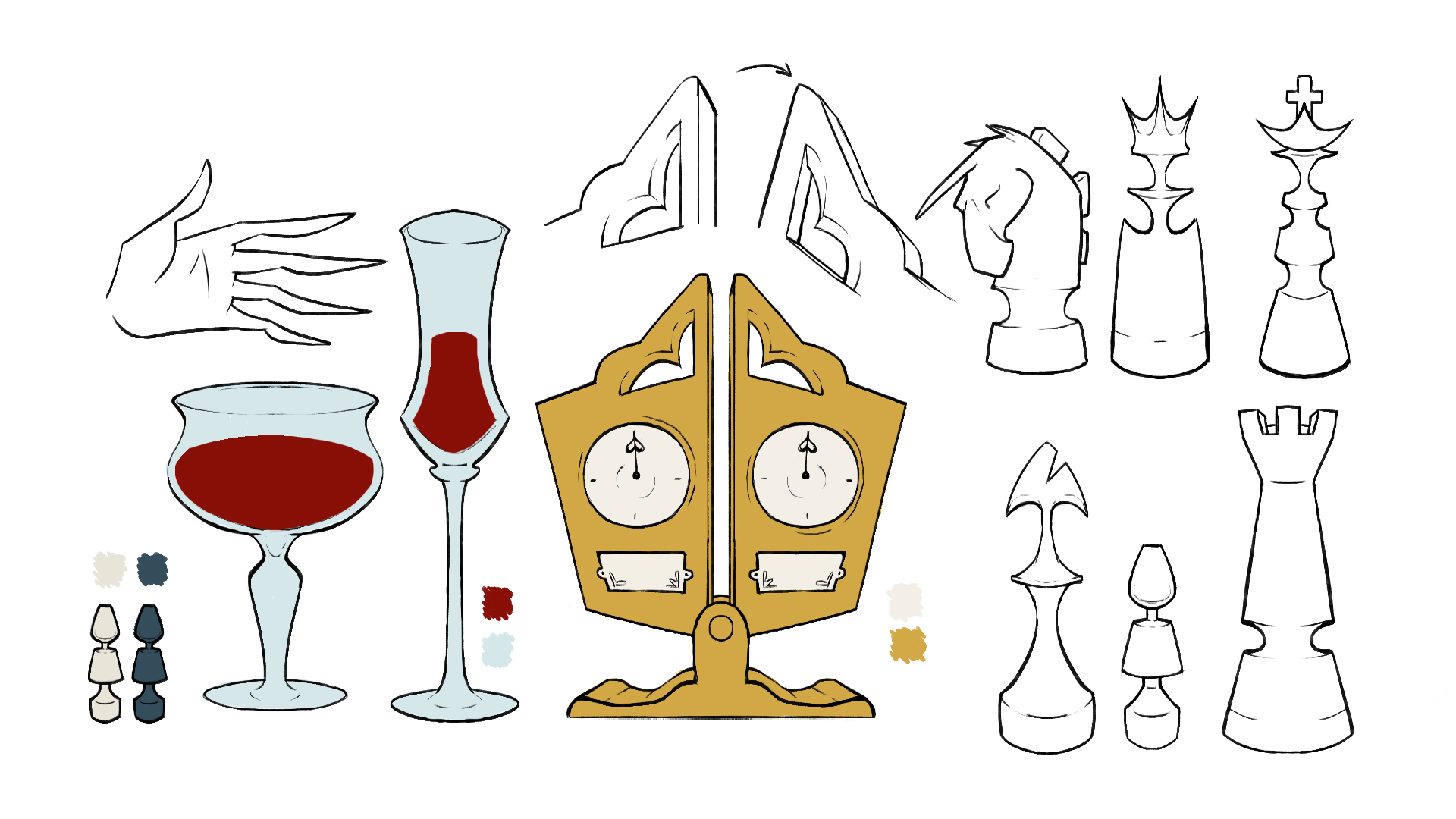 Drawings of hands, wine glasses, a chess timer, and different chess pieces.