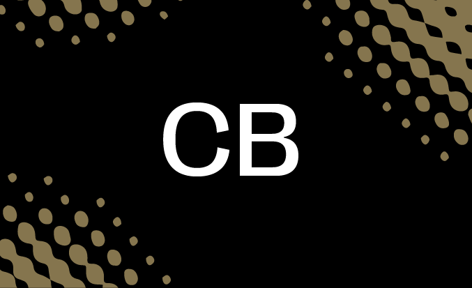 Black background with white letters "CB" in centre, surrounded by curved patterns of yellow, gold and green circular dots.