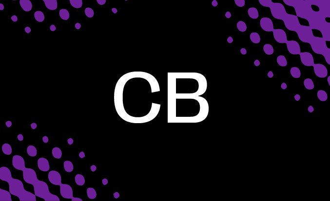 Black and purple banner with the white text "CB" in the centre.