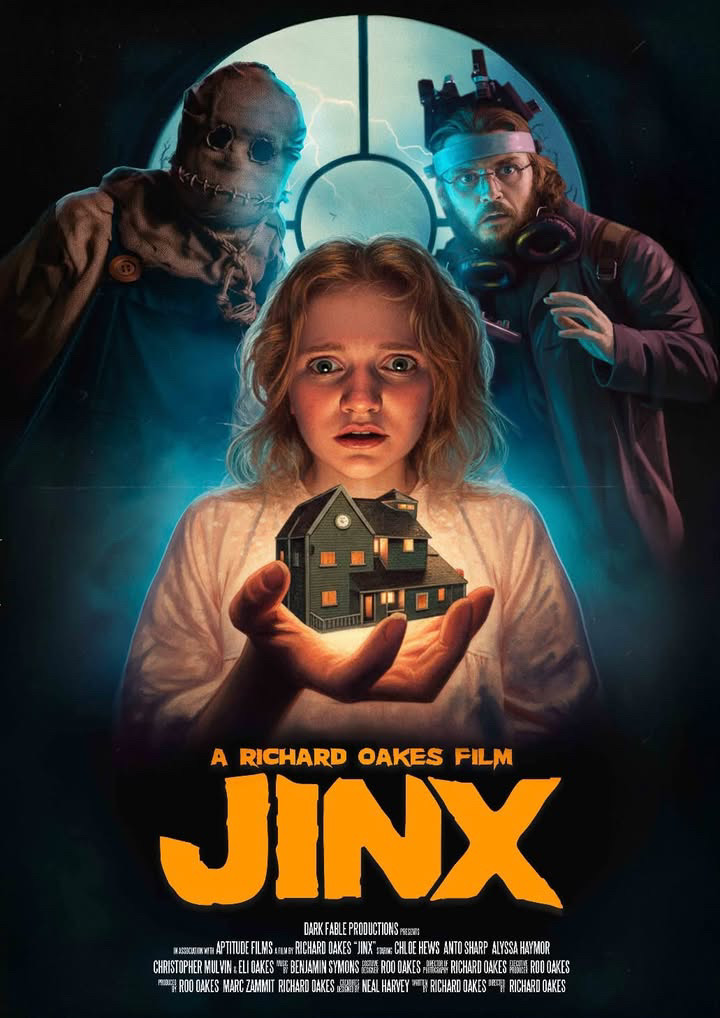 A young girl holds a glowing miniature house, with two masked figures standing behind her and the title 'JINX' at the bottom.