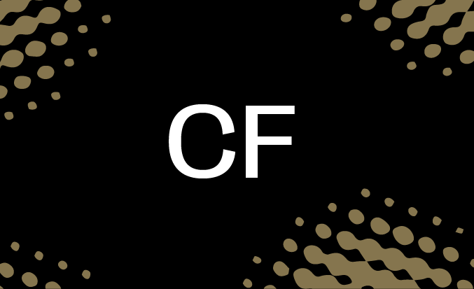 Black and gold banner with the white text "CF" in the centre.