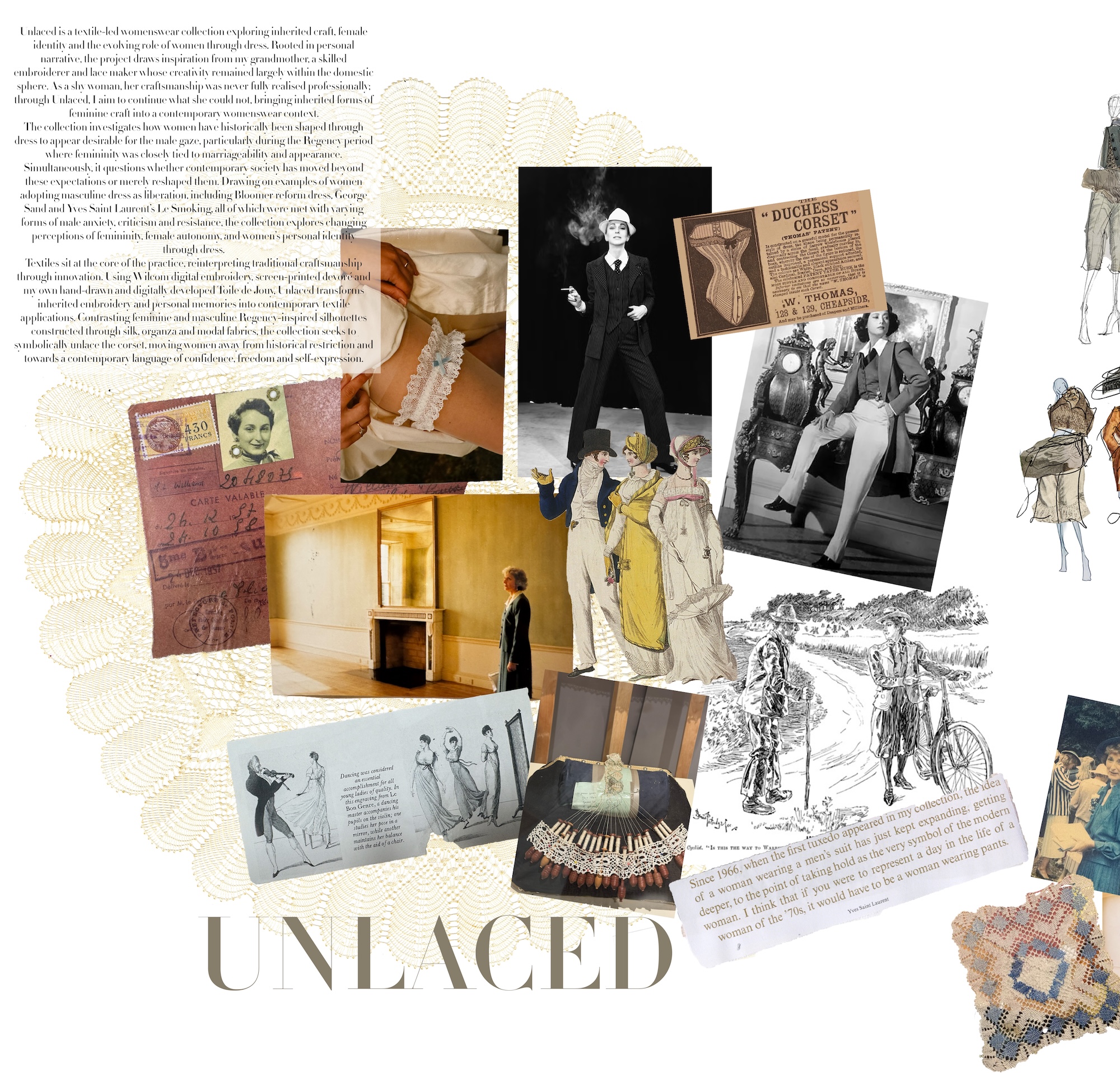 A collage of historical images and documents related to corsetry, featuring vintage photographs, illustrations, and advertisements. Text elements include the word "UNLACED" prominently displayed, amid various depictions of clothing and fashion from earlier eras.