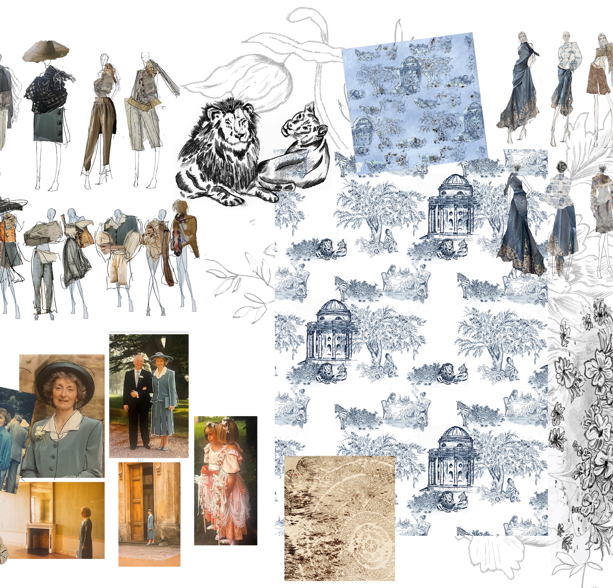 A collage featuring various fashion sketches, including figures in historical clothing, a lion and a tiger, photography of individuals, and repeated floral and architectural patterns. The layout is diverse, showcasing both illustrations and photographs.