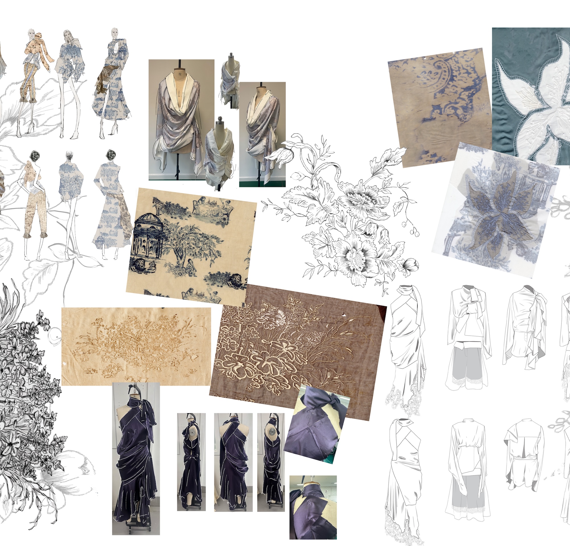 A collage of fashion sketches, fabric swatches, and draped garments. The images include illustrations of outfits on mannequins, detailed floral patterns, and textured fabrics arranged in a creative layout.