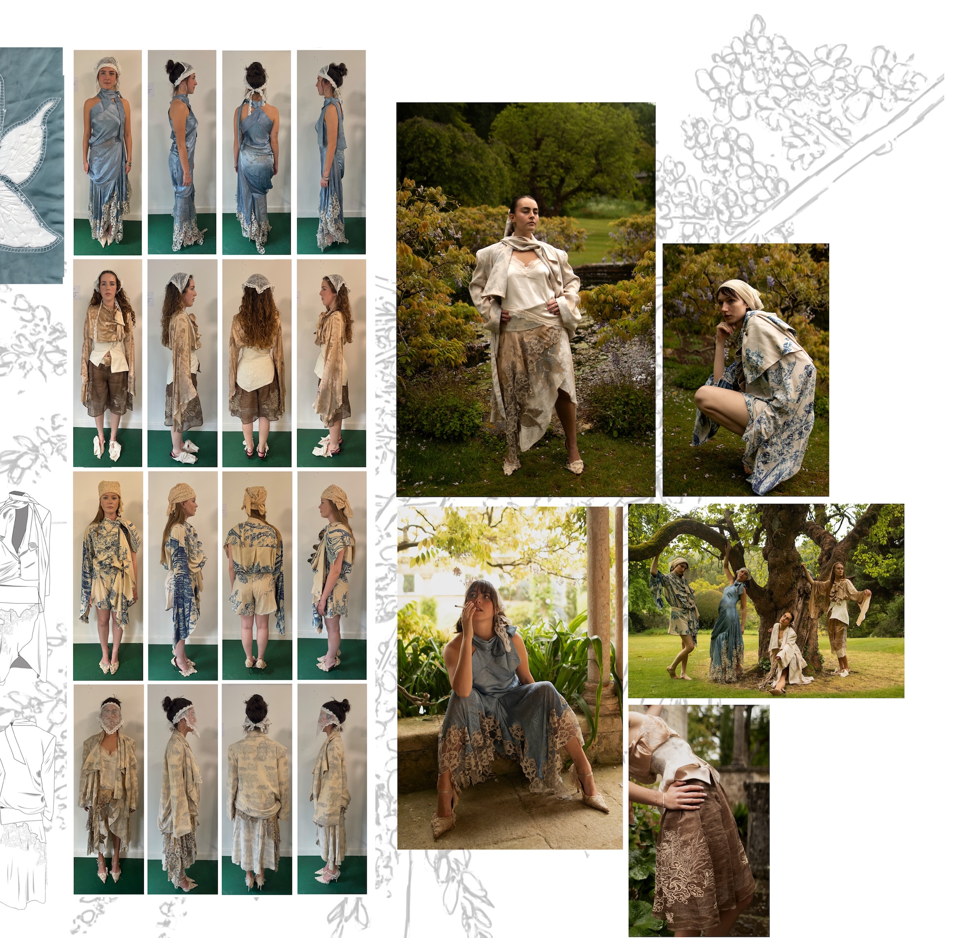 A fashion collage featuring multiple models showcasing various outfits. The left side displays models in different poses wearing dresses made from fabrics in blue and beige tones. The right side presents two models outdoors, one in a white ensemble and another in a draped outfit near a tree.
