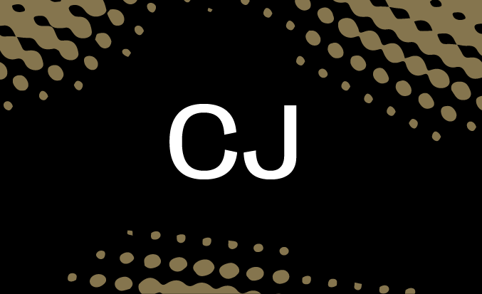 Black and gold banner with the white text "CJ" in the centre.