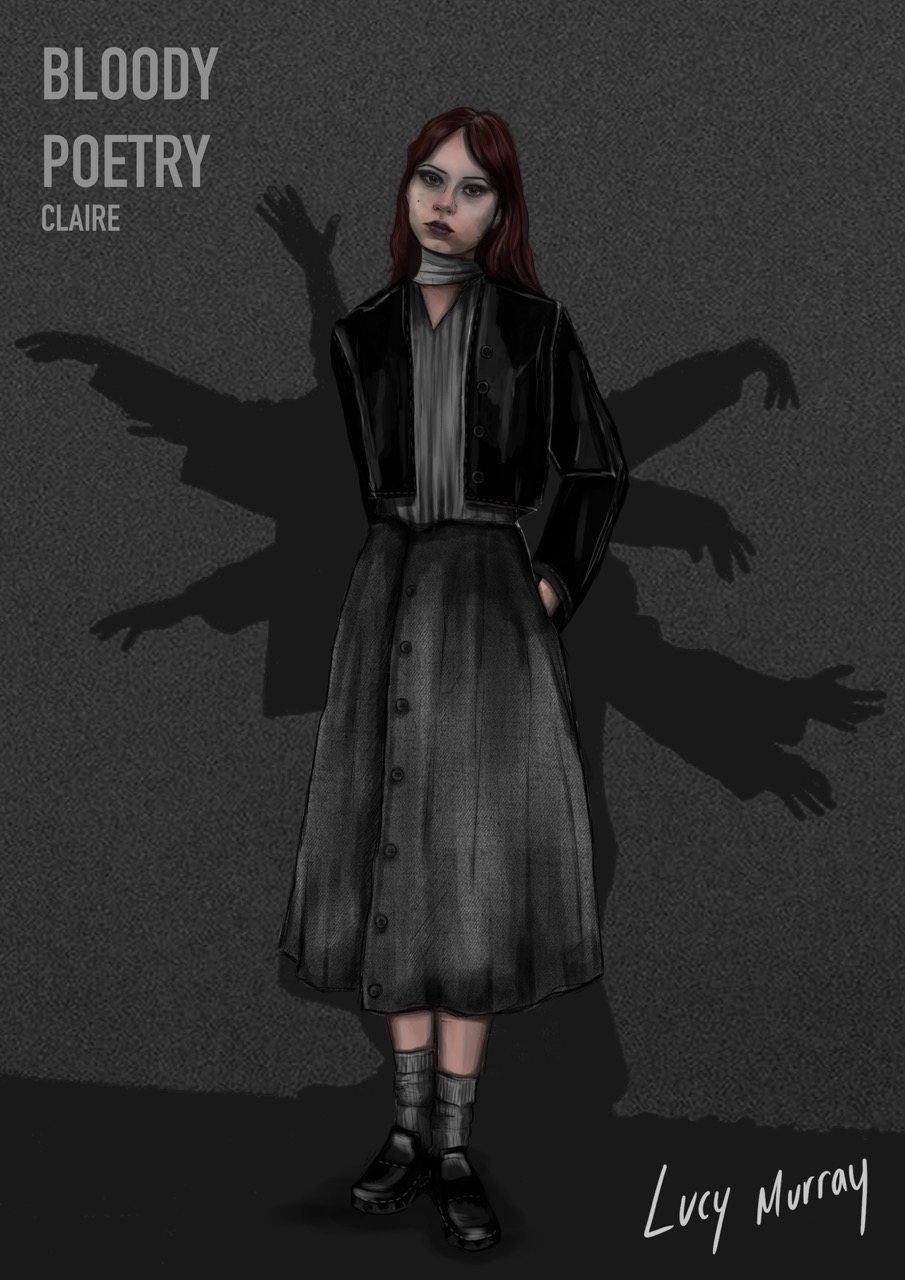 A fashion illustration of a woman in a dark jacket and pleated skirt, standing against a grey background with shadowy arms behind her and the title Bloody Poetry Claire at the top left.
