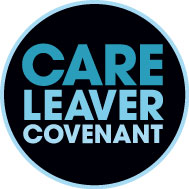 Black circle with light blue border, with the words "Care Leaver Covenant" in bold blue capitals.