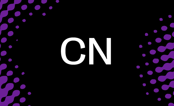 Black tile with purple pixellated accents and the initials CN in the centre.